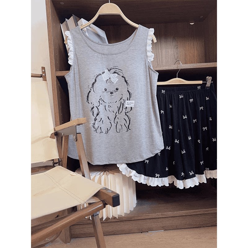韩版甜美无袖睡衣女夏季带胸垫凉感简约休闲背心短裤防凸点可外穿
