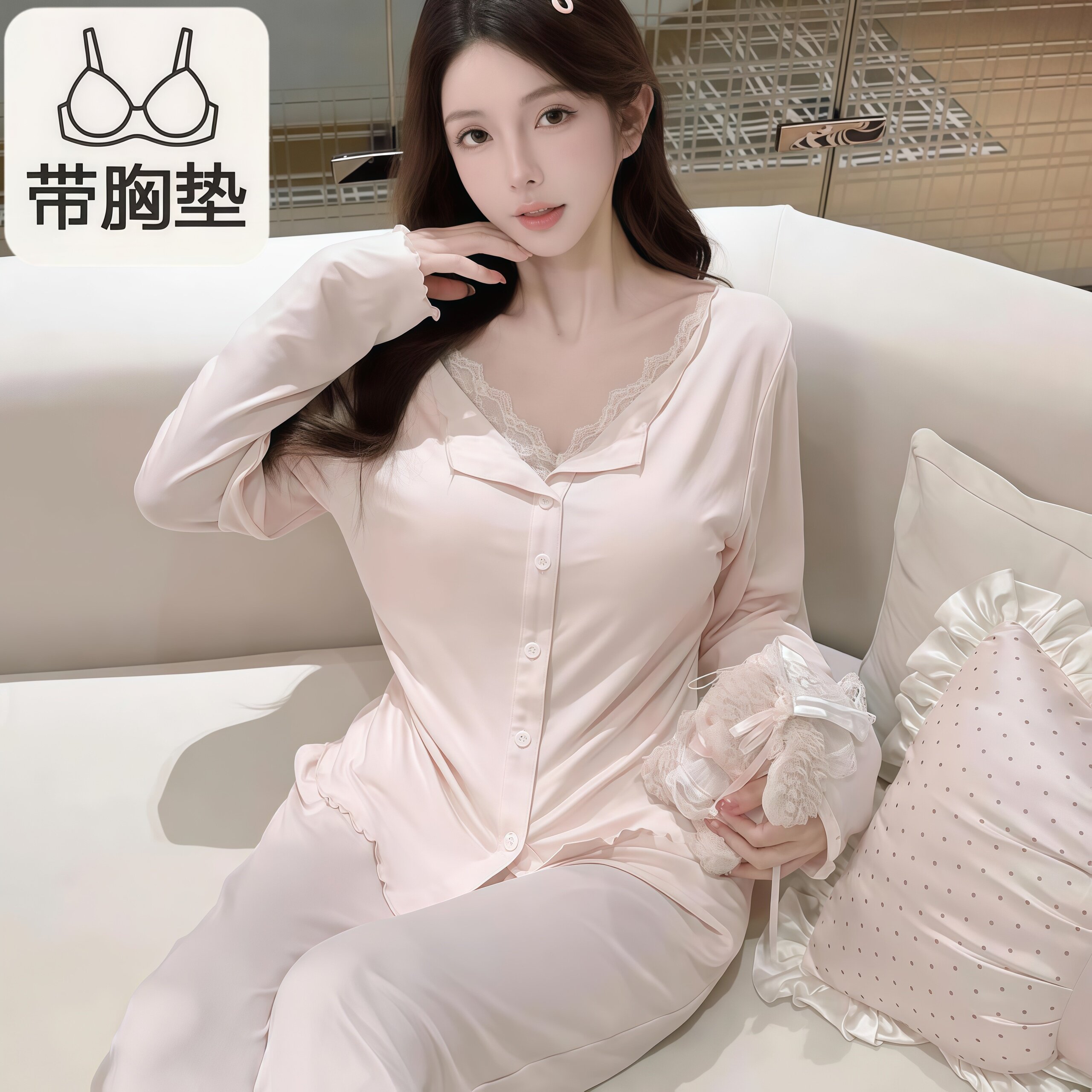 纯欲风睡衣女蕾丝花边春秋季莫代尔带胸垫粉色长袖长裤家居服套装