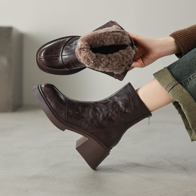 粗高跟后拉链短靴加厚羊毛毛靴女