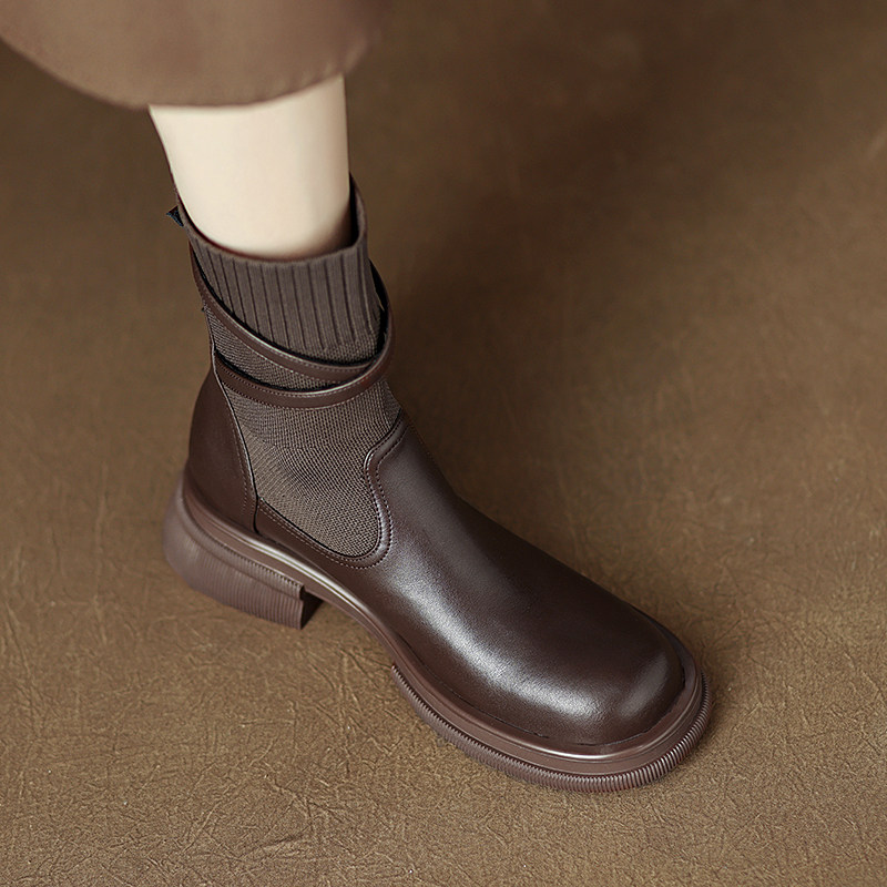 黑夫人短筒弹力飞织袜子靴复古风法式短靴秋冬季新款棕色瘦瘦靴女