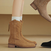 黑夫人中跟后拉链绒面磨砂巨软短靴女秋冬新款 真皮粗跟大码 西部靴