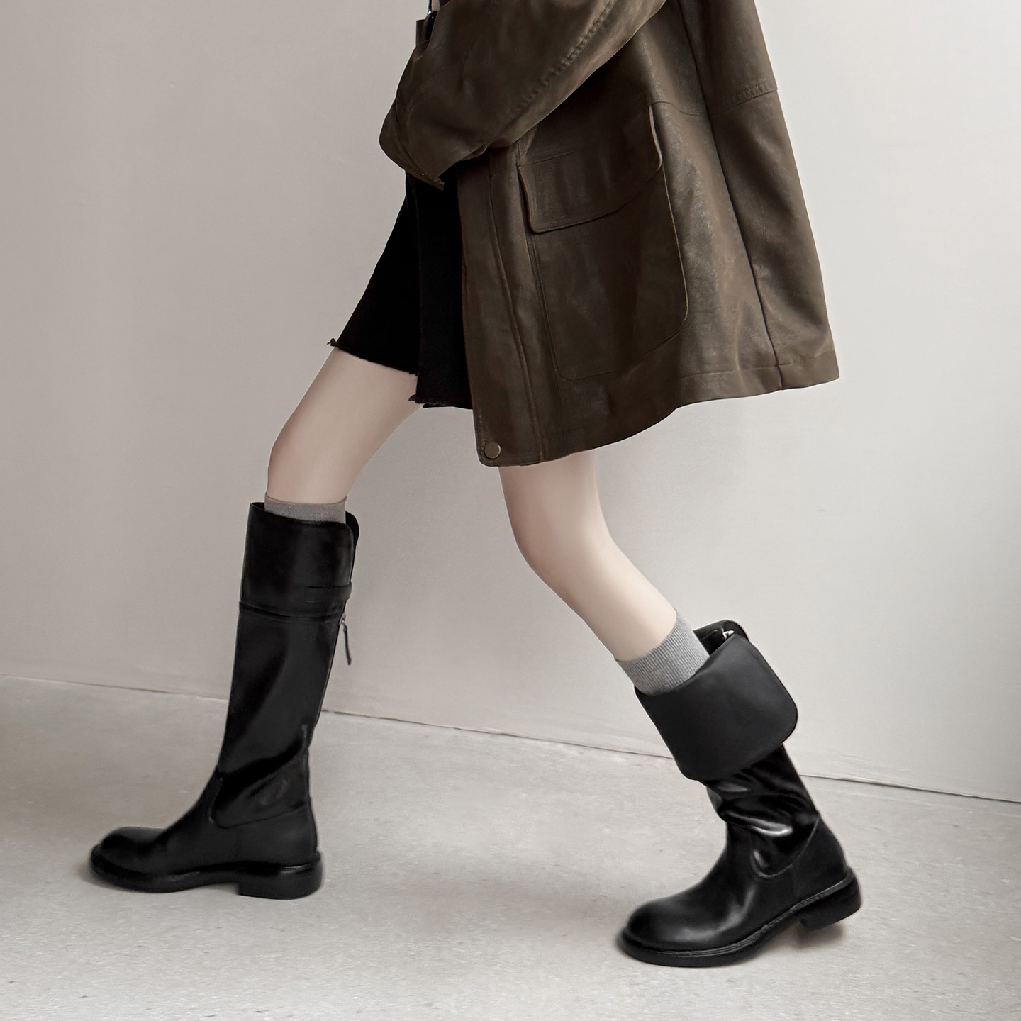 真皮英伦风黑色高筒骑士靴女冬季