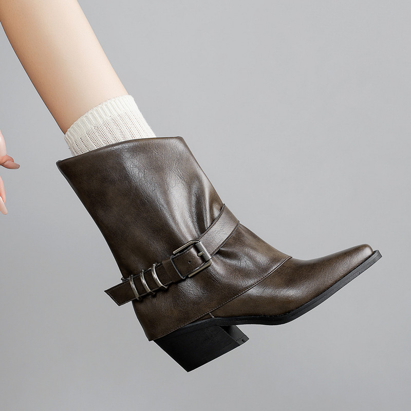 小众设计真皮巨软高跟裤管靴