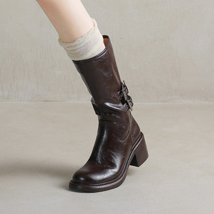 黑夫人粗跟圆头欧美机车高筒靴女秋冬真皮高跟侧拉链长靴骑士靴子