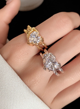 镀18k金爱心褶皱开口戒指 简约食指戒 指环