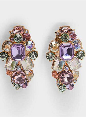满39包邮za高档紫色水晶奢华宝石几何形彩色耳钉女夸张大牌耳饰
