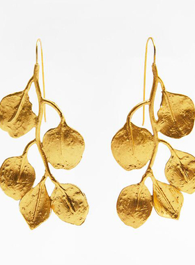 满39包邮za18k金黄色树叶耳环欧美夸张冷淡风叶子耳饰女耳夹