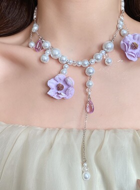 度假风珍珠花朵吊坠项链时尚优雅清新甜美锁骨链小众高级感项饰女