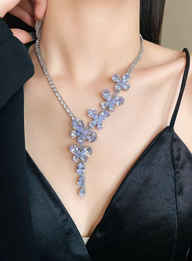 轻奢风蝴蝶花朵锆石水滴项链高级感礼服百搭锁骨链小众精致项饰女
