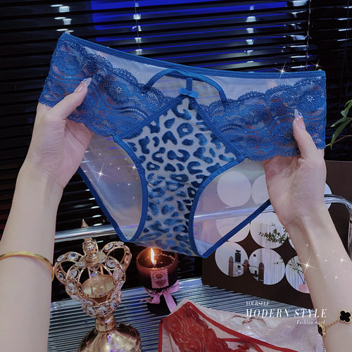给你一点温度~性感植绒豹纹蕾丝内裤女镂空透气网纱中低腰