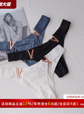 欧美性感运动低腰内裤女提臀高叉半包臀V金属装饰微丁三角裤头T裤