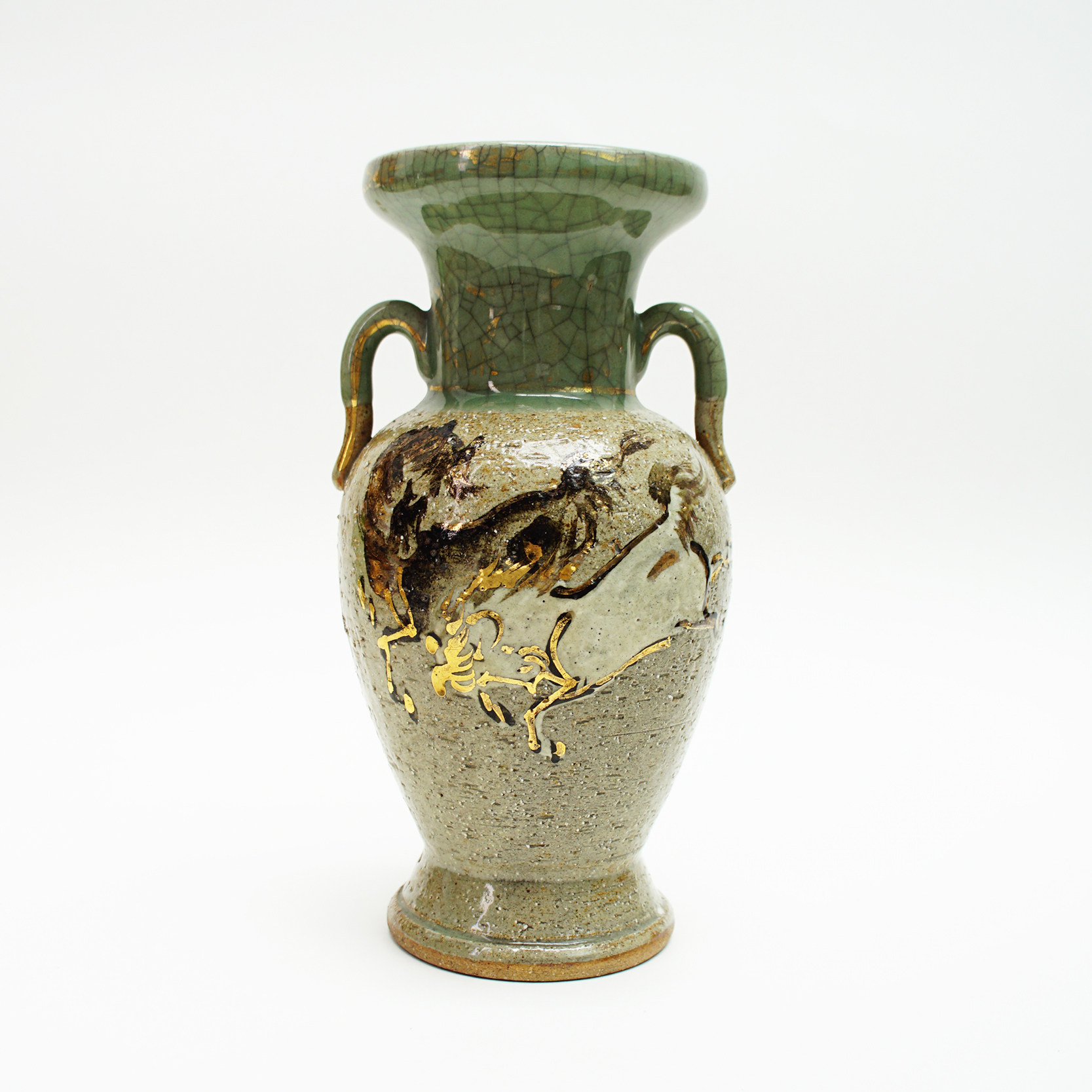 日本进口 相马烧 双耳花瓶日式手工粗陶复古花器摆件家居装饰饰品