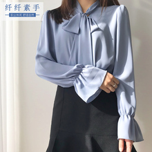 蝴蝶结系带白色上衣韩版 宽松喇叭袖 衬衣 2019春夏雪纺衬衫 女长袖