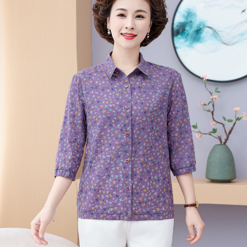 妈妈款七分袖棉衬衫2026春夏新品中老年女装宽松花色开衫大码上衣