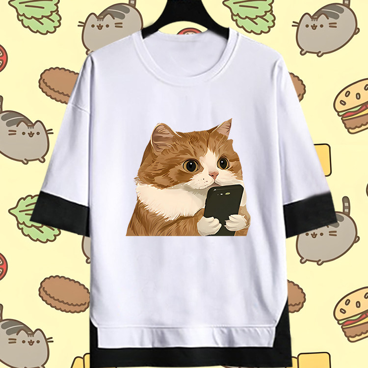 猫咪图案可爱猫猫创意简约卡通印花假两件男女纯棉宽松五分袖上衣