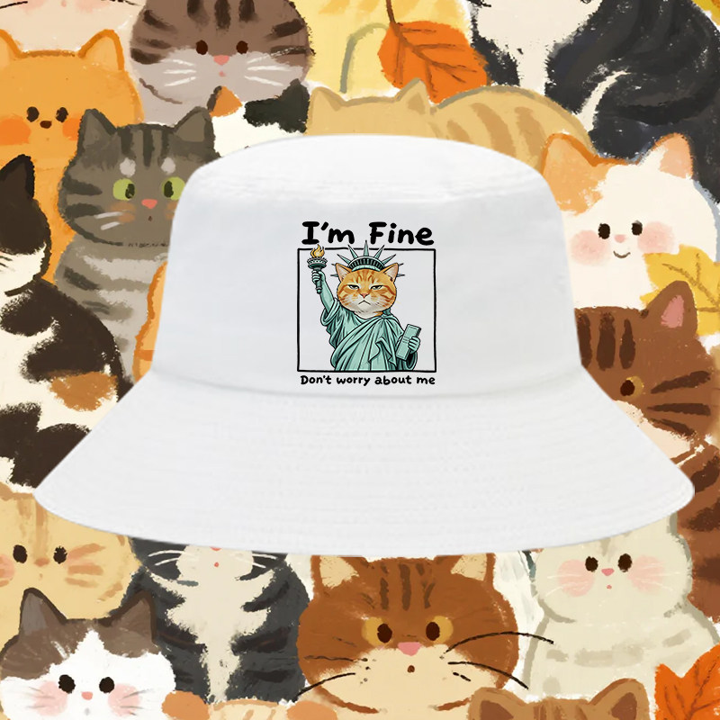 抽象趣味小猫图案日常穿搭舒适印花渔夫帽男女纯棉户外遮阳盆帽潮