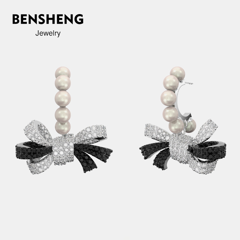BENSHENG丝带蝴蝶结耳钉女耳环银耳针法式轻奢高级感耳饰礼物