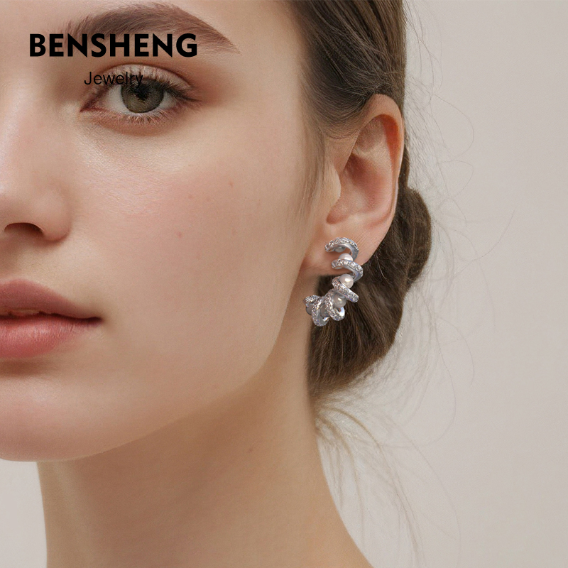 BENSHENG纯银满镶锆石女耳钉