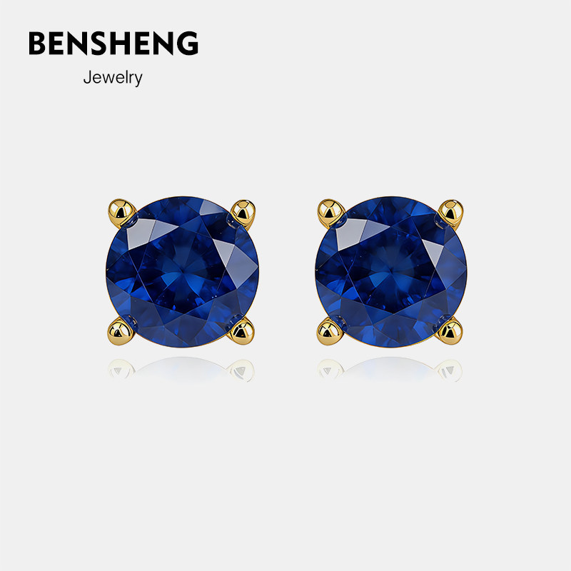 实验室培育皇家蓝蓝宝石925纯银耳钉女简约法式轻奢小众耳饰品