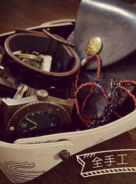 vintage美式复古阿美咔叽RRL风格杂物首饰牛皮桌面收纳托盘盒