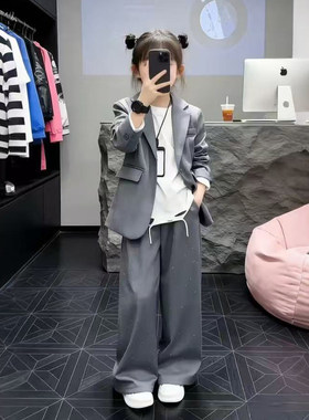 女童重工西装套装2026春季新款儿童舒适有型撒银外套宽松阔腿裤潮