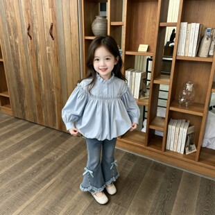 女童泡泡袖衬衫2026春秋装儿童洋气木耳边立领娃娃衫宝宝长袖上衣