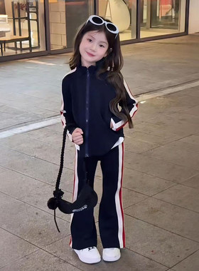 女童春装运动套装2026春季新款儿童织带立领上衣条纹休闲裤两件套