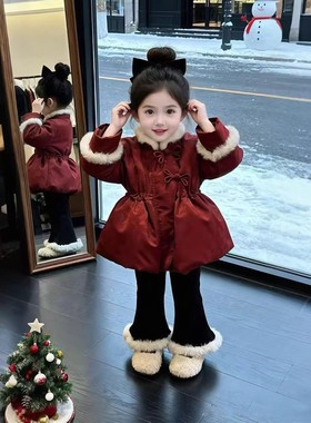 女童冬装加厚拜年服套装2025冬季新款儿童中式保暖棉衣加绒喇叭裤