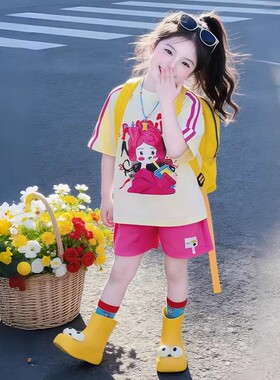 女童卡通印花T恤套装夏季2026新款潮儿童休闲夏装女孩短裤两件套