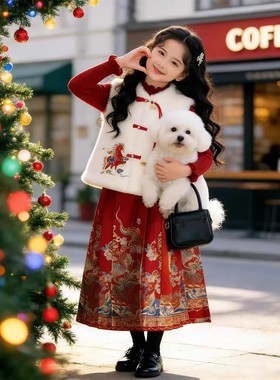 女童冬装刺绣织金拜年服套装2025秋冬季新款马甲打底马面裙三件套