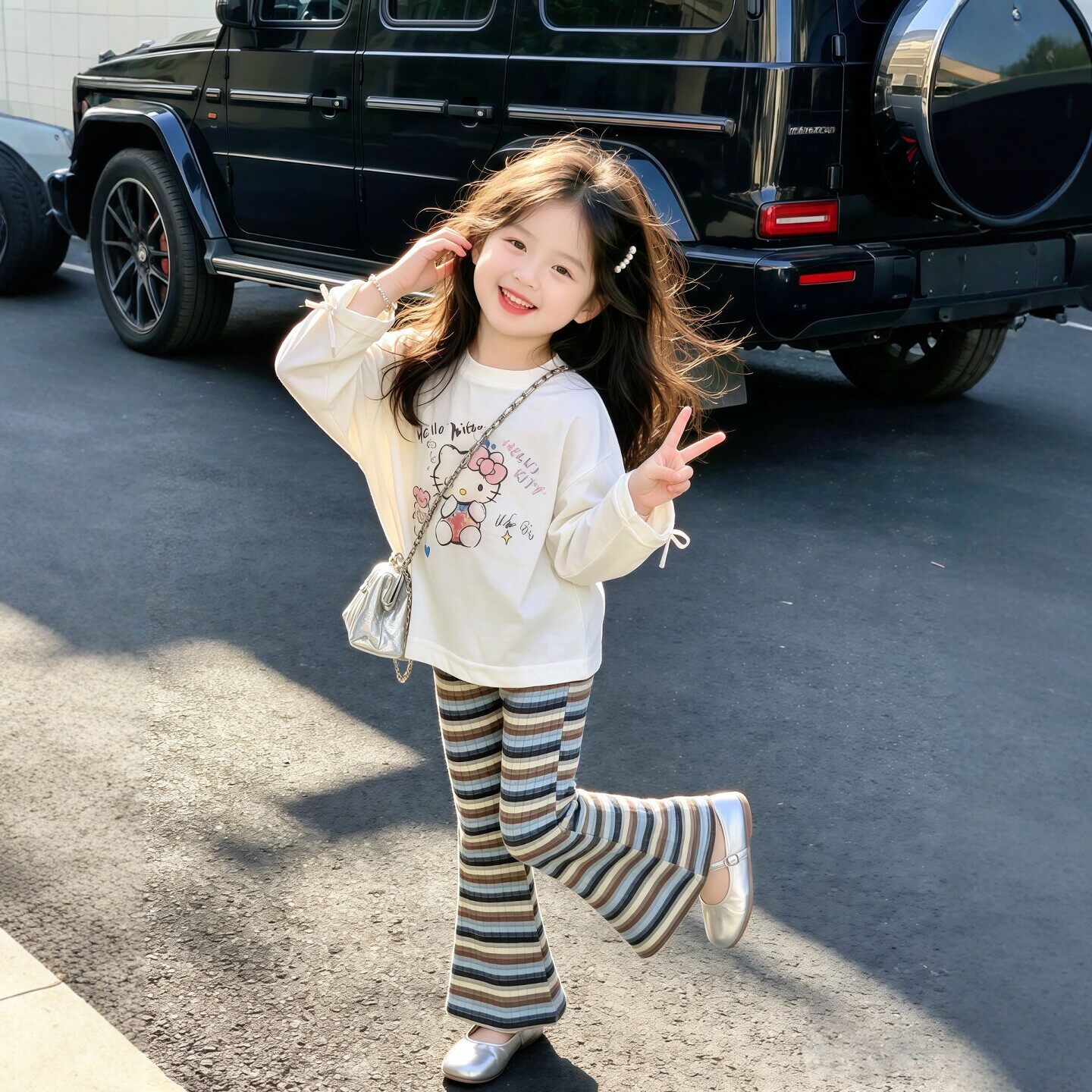 女童卡通上衣套装2026秋季新款儿童可爱KT猫长袖T恤喇叭裤两件套