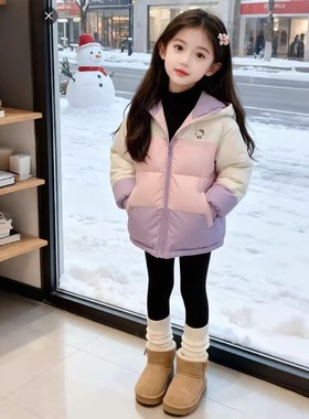 女童冬季加厚棉衣2025秋冬装新款中大童韩版卡通拼色连帽保暖外套