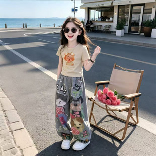 女童弯刀阔腿裤套装夏季2026新款儿童洋气卡通短袖牛仔裤子两件套