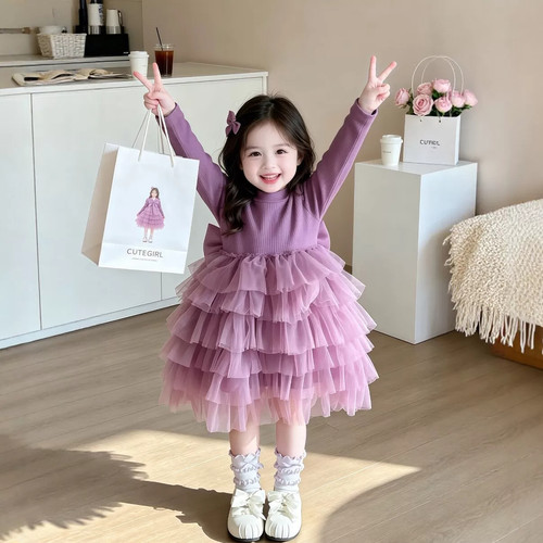 女童大蝴蝶结连衣裙2026秋季新款儿童好看纯色公主裙女宝宝蛋糕裙