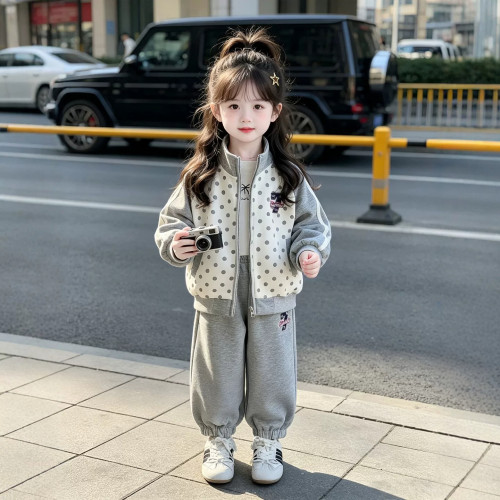 女童运动套装2026秋季新款儿童时髦波点灰色立领外套休闲裤两件套