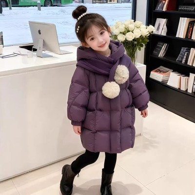女童2025年新款韩版加厚棉服秋冬季连帽毛球装饰保暖外套洋气时尚