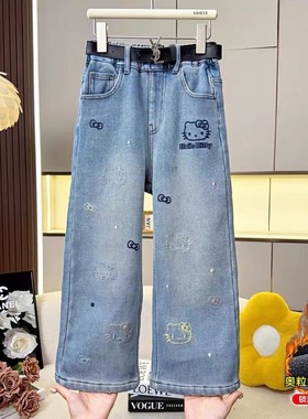 女童秋冬卡通牛仔裤2025秋冬新款凯蒂猫高腰休闲裤宽松直筒裤潮