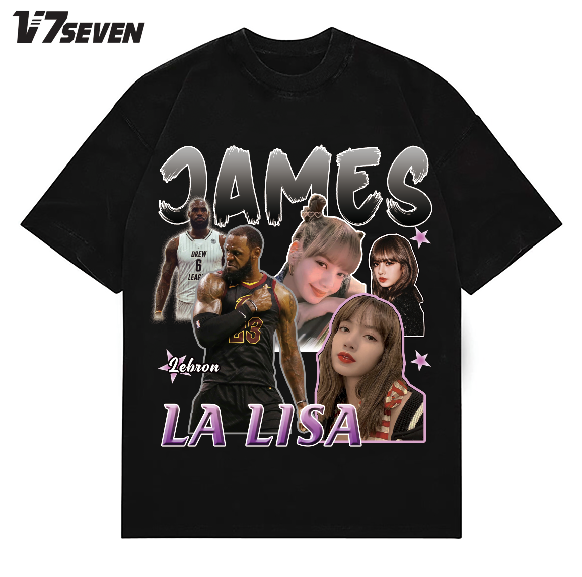 V7SEVEN原创詹姆斯和LISA圆领流行数码直喷260G重磅纯棉青春T恤