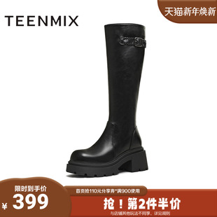 天美意2025冬新款 直筒显瘦百搭厚底潮流纯色女弹力靴KTX25DG5