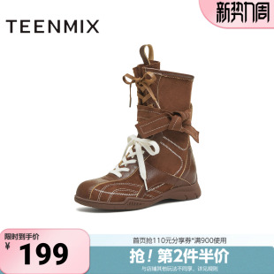 天美意春新款 小众德训拳击靴复古中筒短靴女高帮靴KC004CS5