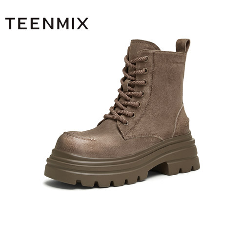 天美意冬新款休闲系带复古百搭厚底显瘦女马丁靴KDX02DD4