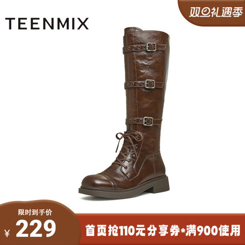 天美意冬新款长筒靴机车靴工装高筒潮酷女骑士靴KQZ04DG4