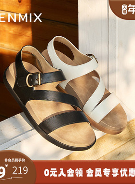 天美意2025夏新款商场同款平底百搭简约女一字带凉鞋CEY16BL5