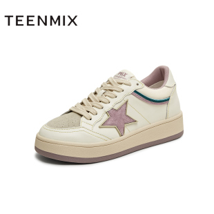 天美意春新款 美式 复古女板鞋 KB077CM5 休闲运动星星拼色时尚