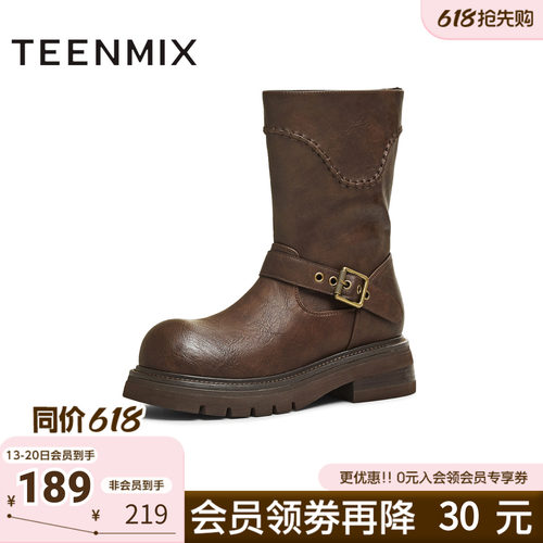 天美意冬新款商场同款圆头粗跟复古长靴女骑士靴BM352DZ5