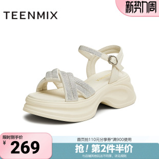 水钻厚底女一字带凉鞋 天美意夏季 时尚 商场同款 BK941BL5 新款