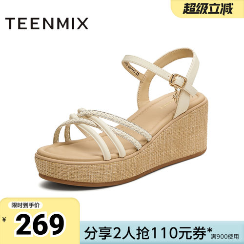 天美意夏季新款商场同款交叉条带坡跟女一字带凉鞋COO10BL5