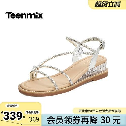 天美意2026夏新款坡跟水钻细条带气质外穿女时装凉鞋CTI24BL6