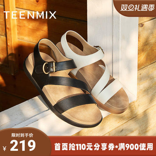 天美意2025夏新款商场同款平底百搭简约女一字带凉鞋CEY16BL5