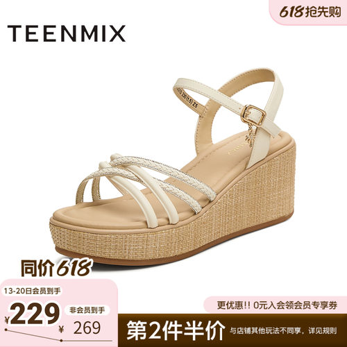 天美意夏季新款商场同款交叉条带坡跟女一字带凉鞋COO10BL5
